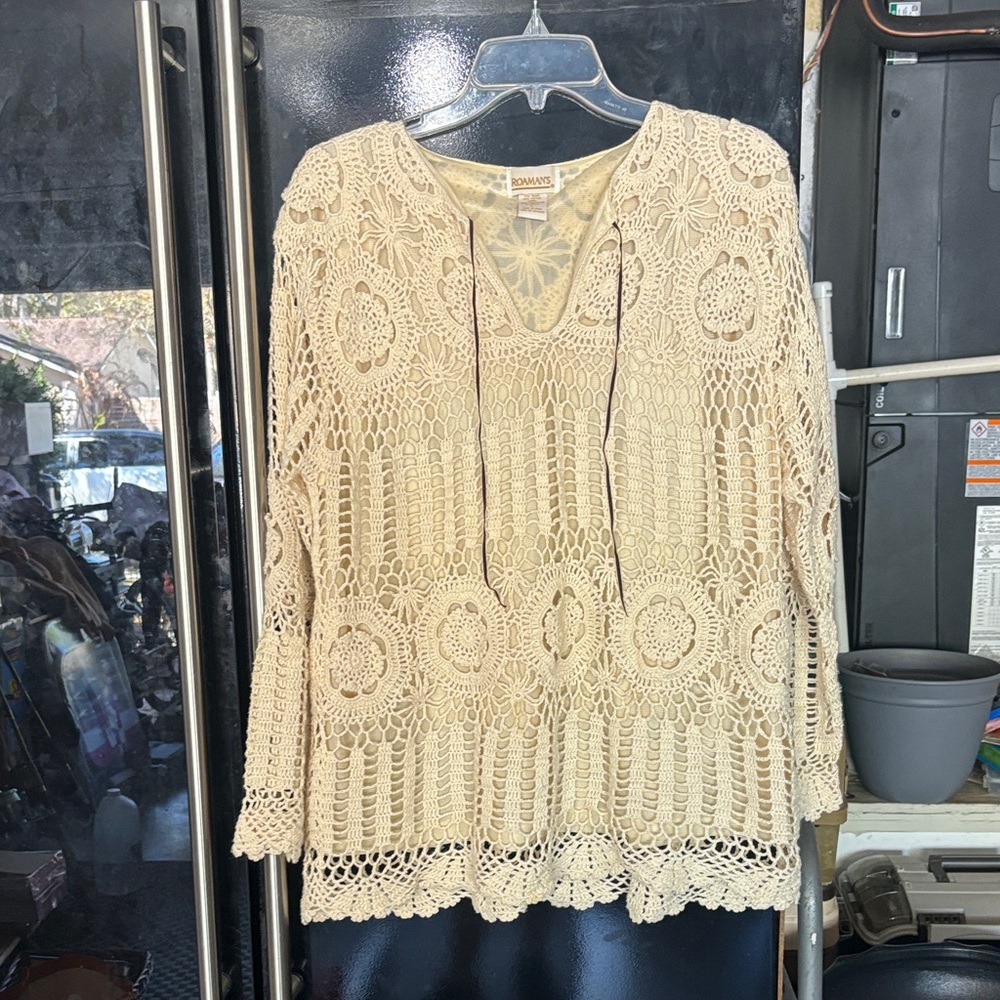 Roaman's Cream Crochet V-Neck Tunic